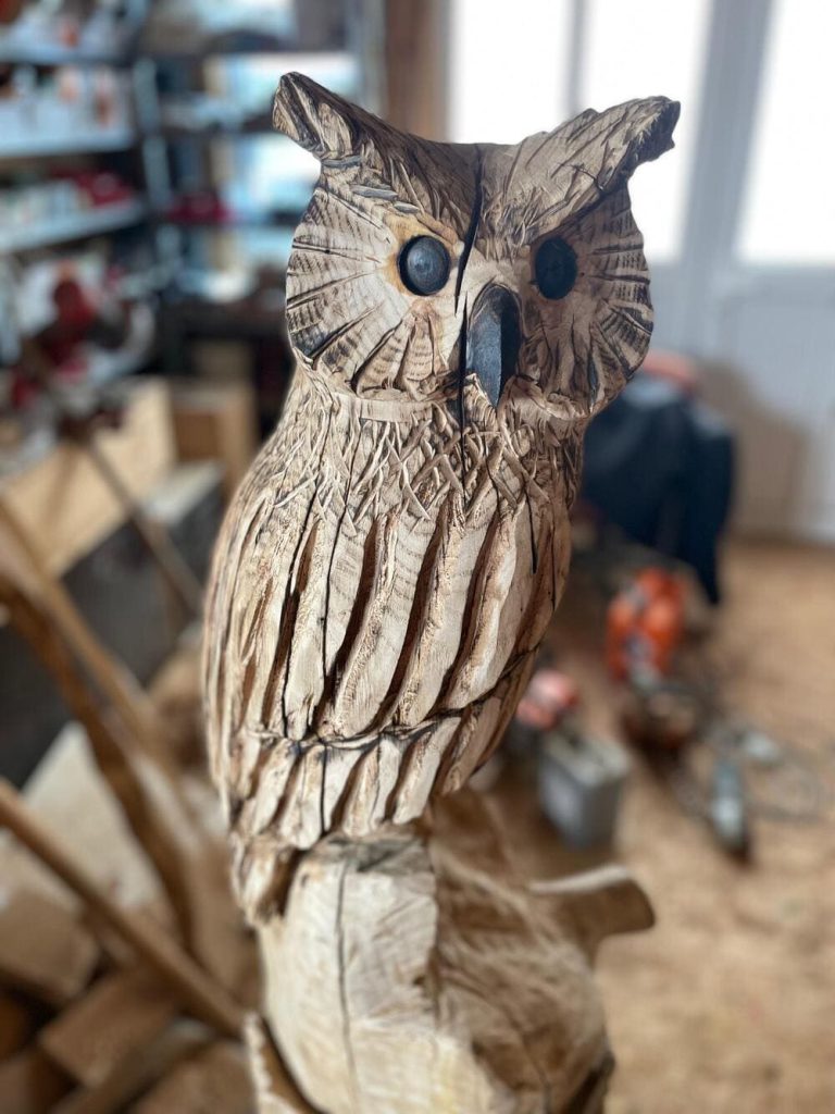 Schnitzen mit der Kettensäge Geschnitzte Holzskulptur einer Eule mit detaillierten Federn und großen Augen.